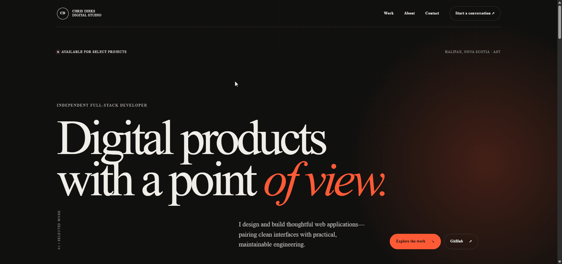 Chris Dirks portfolio homepage with editorial typography and dark visual design